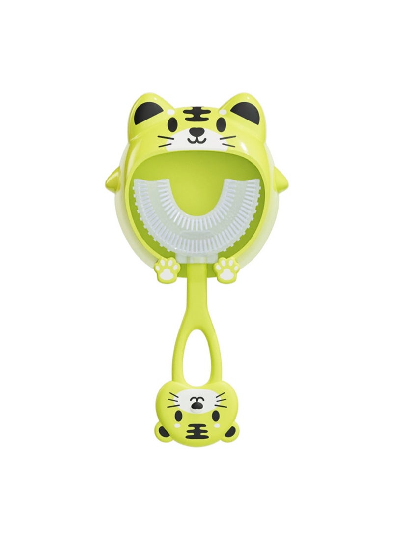 Cute Cartoon Pattern Children'S U-Shaped Toothbrush, Suitable For 2-12 Year Old Babies, Food-Grade Silicone Soft-Bristled Toothbrush, Detachable And Replaceable Brush Head, Dust-Proof Wall Shelf Set For Easy Storage, Baby Oral Training Toothbrush Set (Green Tiger)