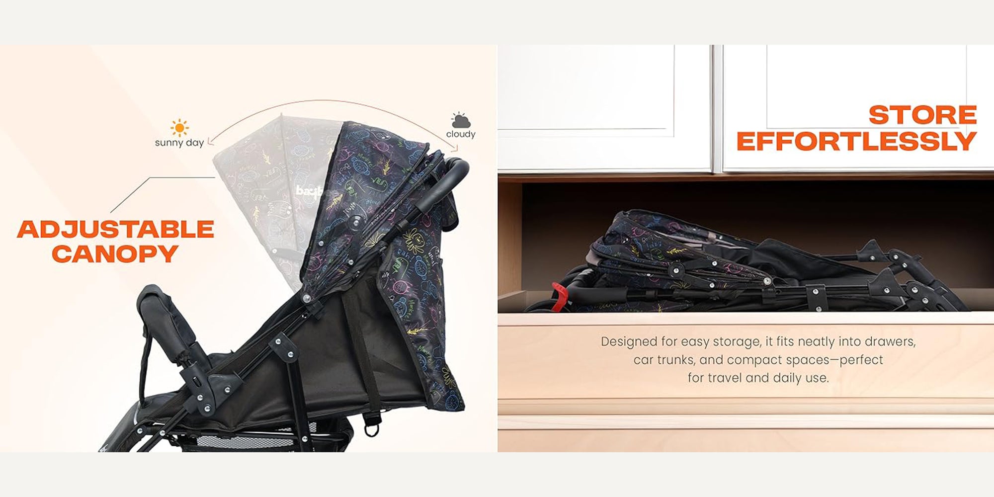 Baybee 2 in 1 Convertible Baby Pram Stroller for Newborn Babies with Adjustable Seat & Canopy, Bassinet, Parent Handle, Safety Guard & Storage | Baby Stroller for Toddlers 0-3 Years Boy Girl (Black)