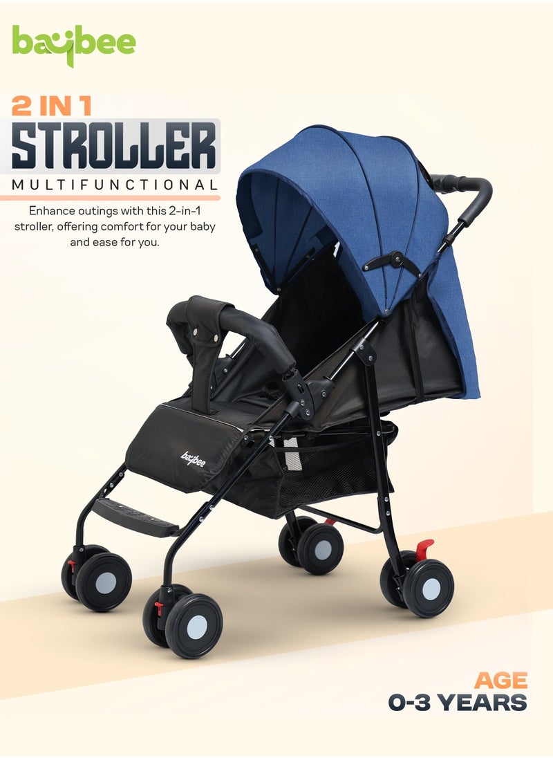 Baybee 2 in 1 Convertible Baby Pram Stroller for Newborn Babies with Adjustable Seat & Canopy, Bassinet, Parent Handle, Safety Guard & Storage | Baby Stroller for Toddlers 0-3 Years Boy Girl (Blue)
