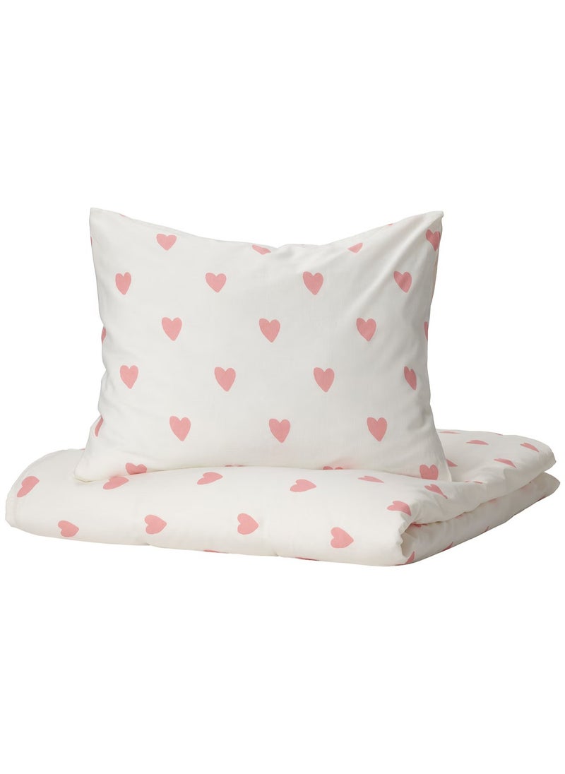 Duvet cover and pillowcase, heart pattern white/pink, 150x200/