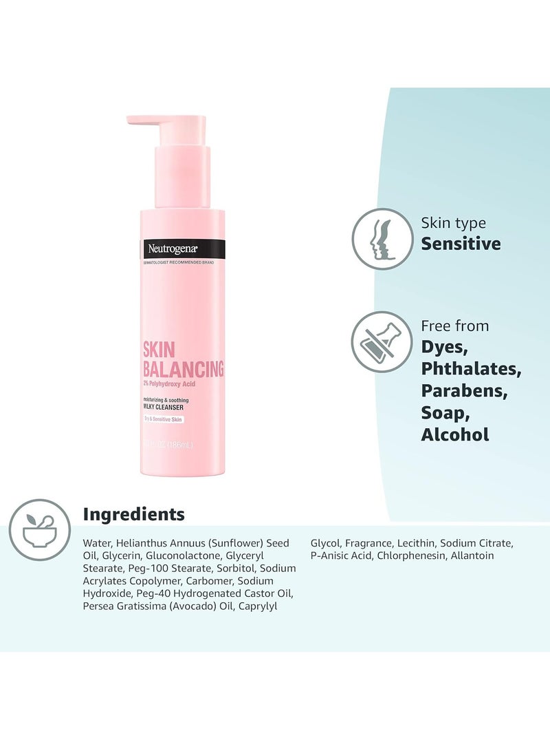 Skin Balancing Milky Cleanser with 2% Polyhydroxy Acid (PHA), Soothing & Moisturizing Face Wash for Dry & Sensitive Skin, Paraben-Free, Soap-Free, Sulfate-Free 6.3 fl ozFluid Ounce