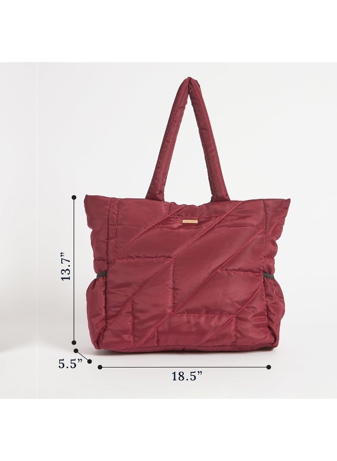 Chumbak Quilted Puffer Tote - Maroon | Tote Bags for Women Quilted Tote Handle Large Capacity | Hobo Quilted Padding Tote Bag