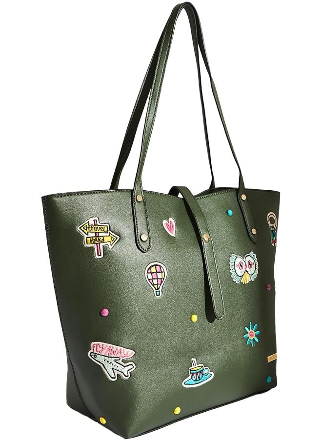 Chumbak Embroidered Travel Patches Tote Bag - Olive