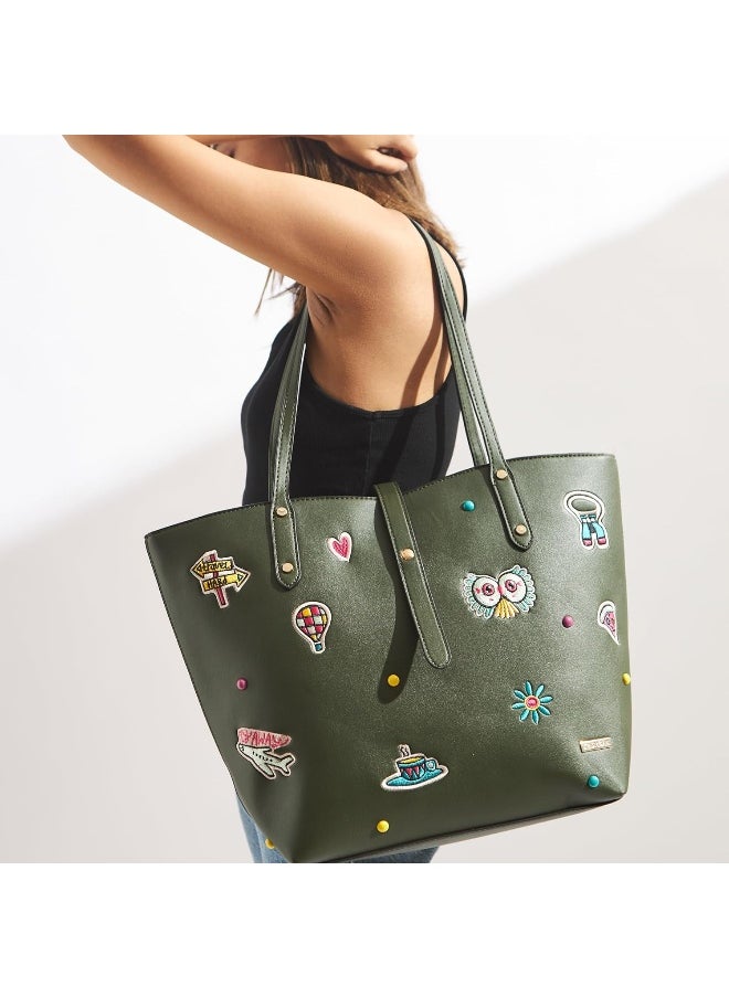 Chumbak Embroidered Travel Patches Tote Bag - Olive