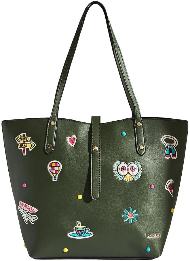 Chumbak Embroidered Travel Patches Tote Bag - Olive