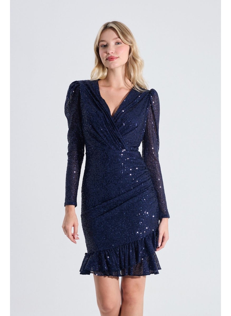 Sequined Double Breasted Long Sleeve Mini Evening Dress Navy Blue