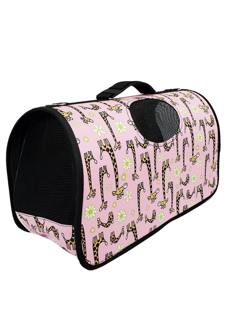 Outdoor Pet Bag: pet handbag, pet shoulder bag, Travel Carrier for cats and dogs. Pink giraffe design-medium size