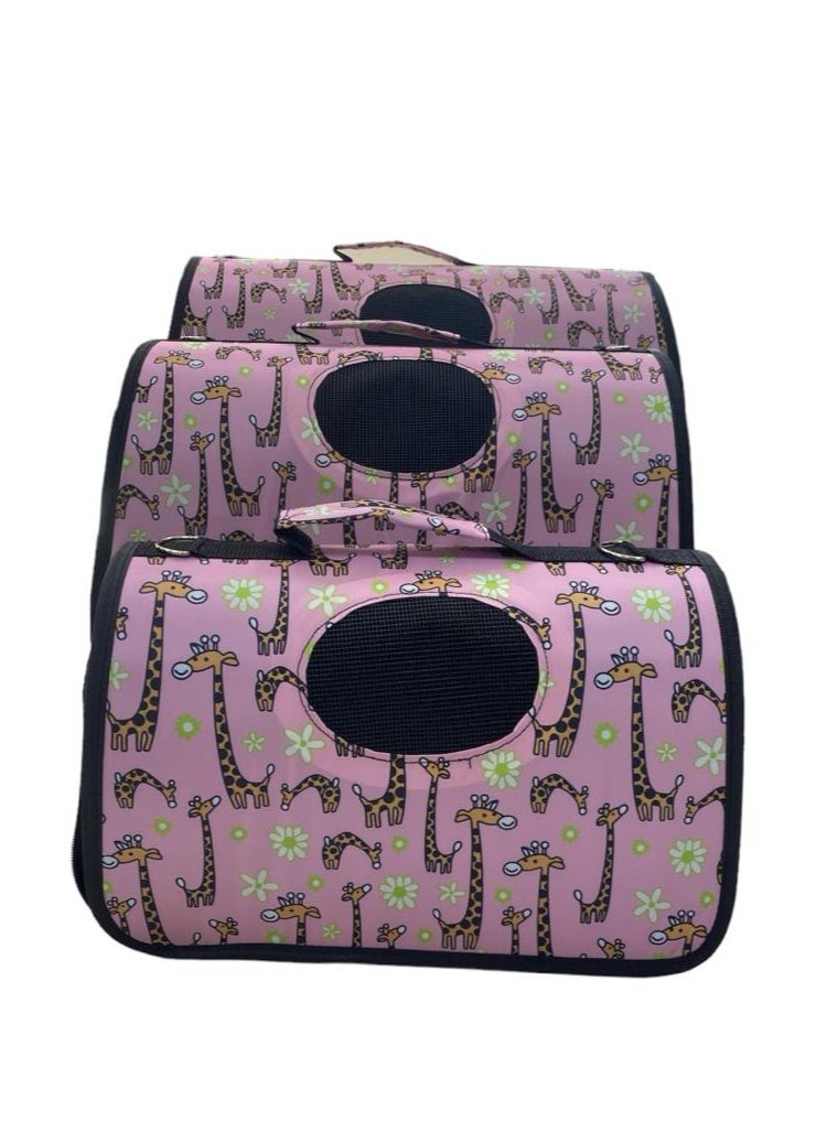 Outdoor Pet Bag: pet handbag, pet shoulder bag, Travel Carrier for cats and dogs. Pink giraffe design-medium size