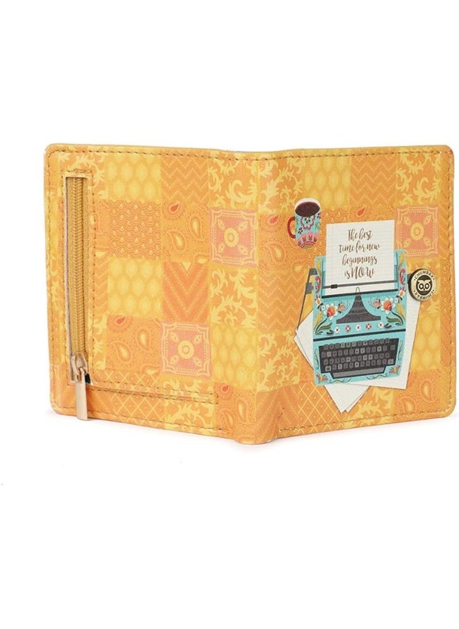 Chumbak Women's Mini Wallet | Floral Typewriter Collection | Vegan Leather rectangle Wallet for Women | Ladies Purse with Button lock | Card & Currency Slots with Transparent ID Window - Yellow