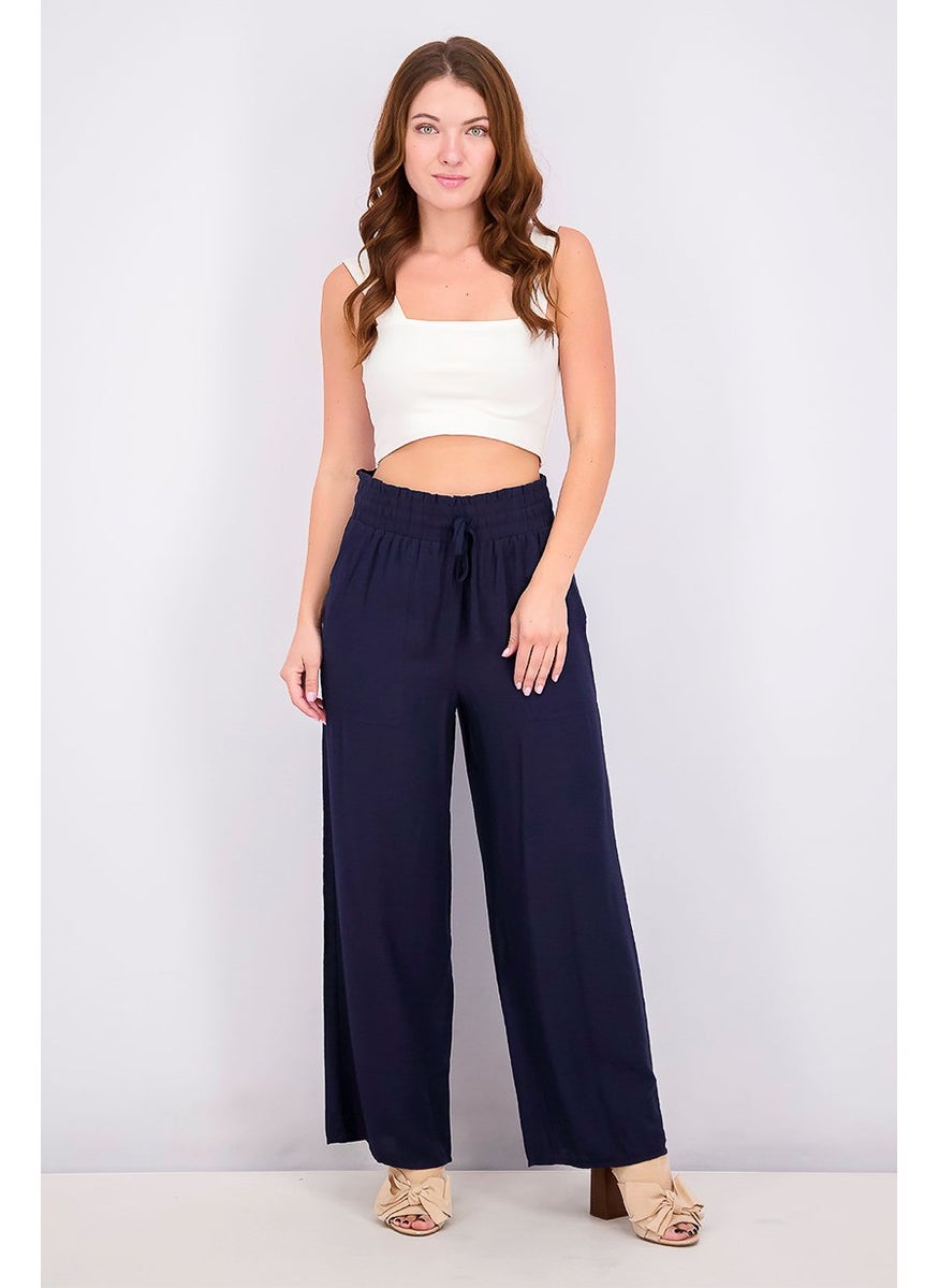 Women Plain Wide Leg Drawstring Pants, Navy