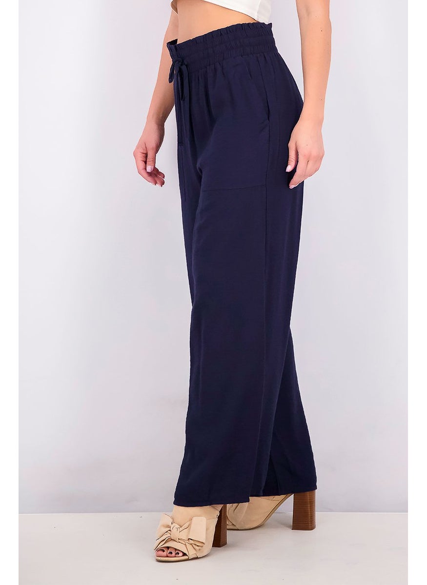 Women Plain Wide Leg Drawstring Pants, Navy