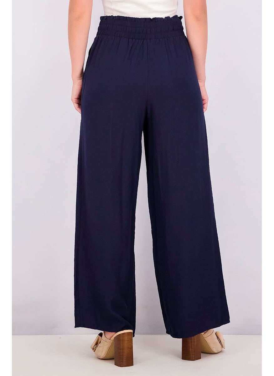 Women Plain Wide Leg Drawstring Pants, Navy