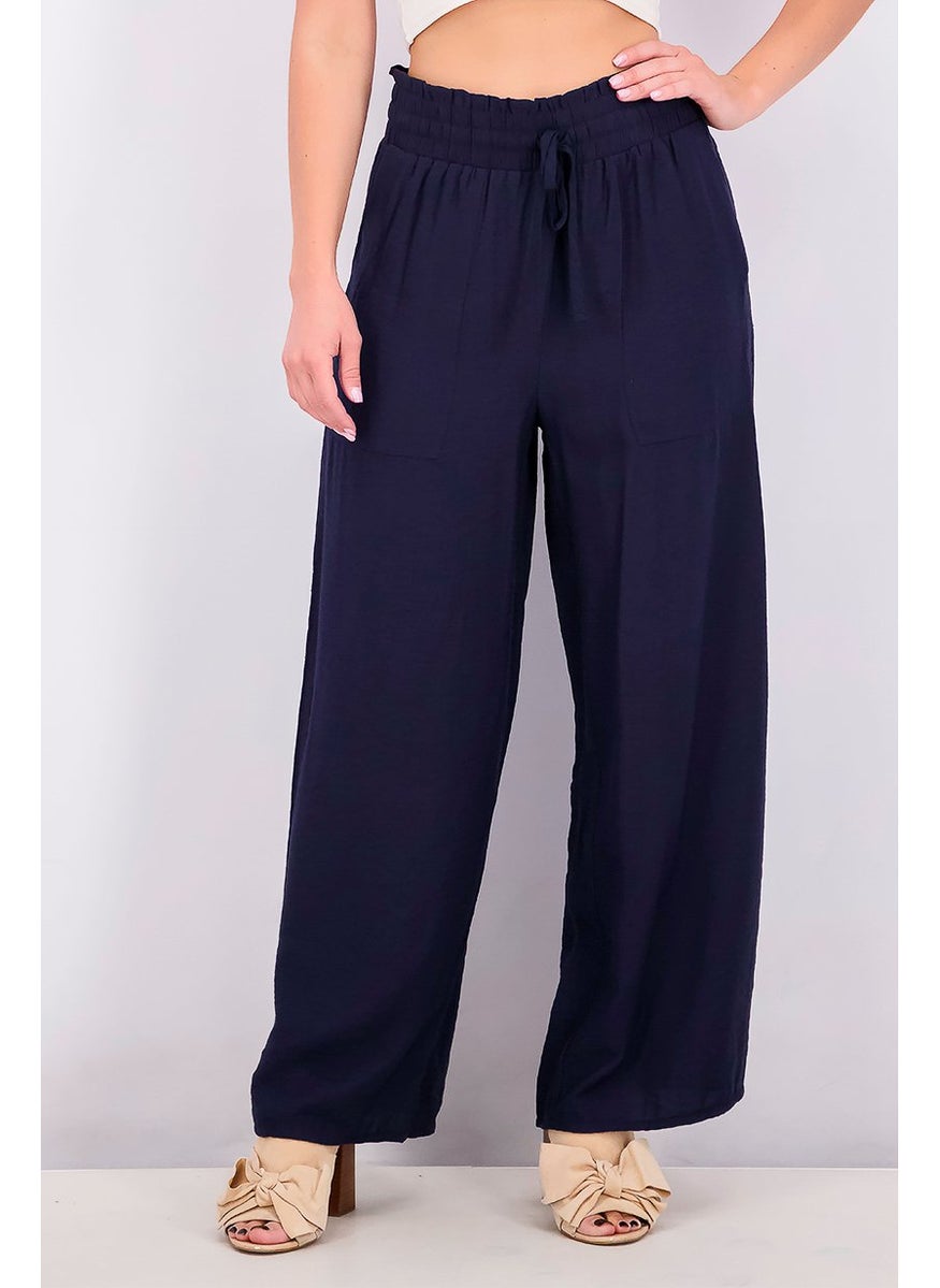 Women Plain Wide Leg Drawstring Pants, Navy