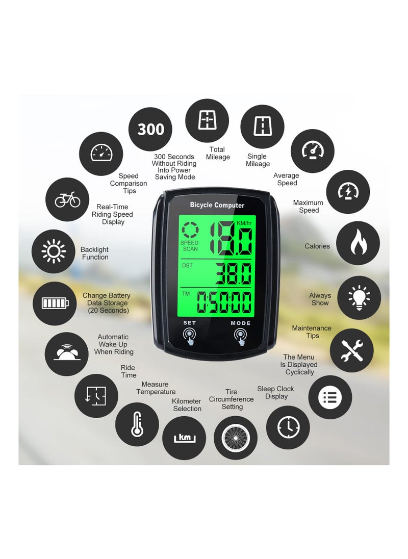 Wired Bike Computer, MPH KM/H Bicycle Computer, Digital LCD Backlight Display Bike Speedometer, Waterproof Cycling Computers Odometer, Multifunctional Automatic Wake-up Odometer for Bike