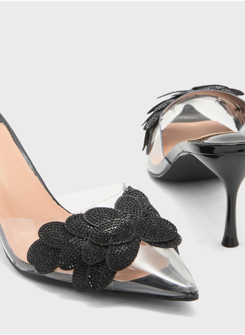 Diamante Clear Floral Mid Heel Pump