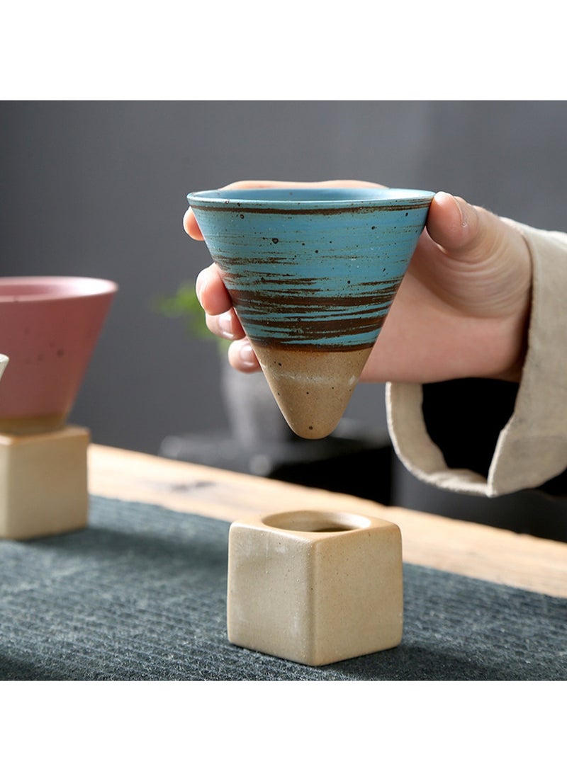 Tea Cups for Cooking Around The Stove, Japanese Stoneware Tea Cups, Cross-Border Hot-Selling Ceramic Mugs, Retro Water Cups, Cone-Shaped Coffee Cups (100ml-Blue Line)