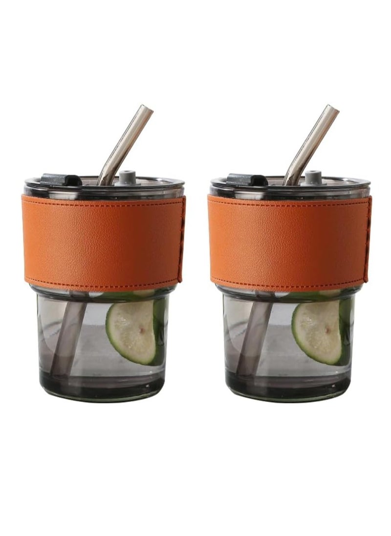 2-Pack Glass Carafe With Straw And Lid, Iced Coffee Glass, Iced Coffee Cup With Insulated Sleeve (Grey)