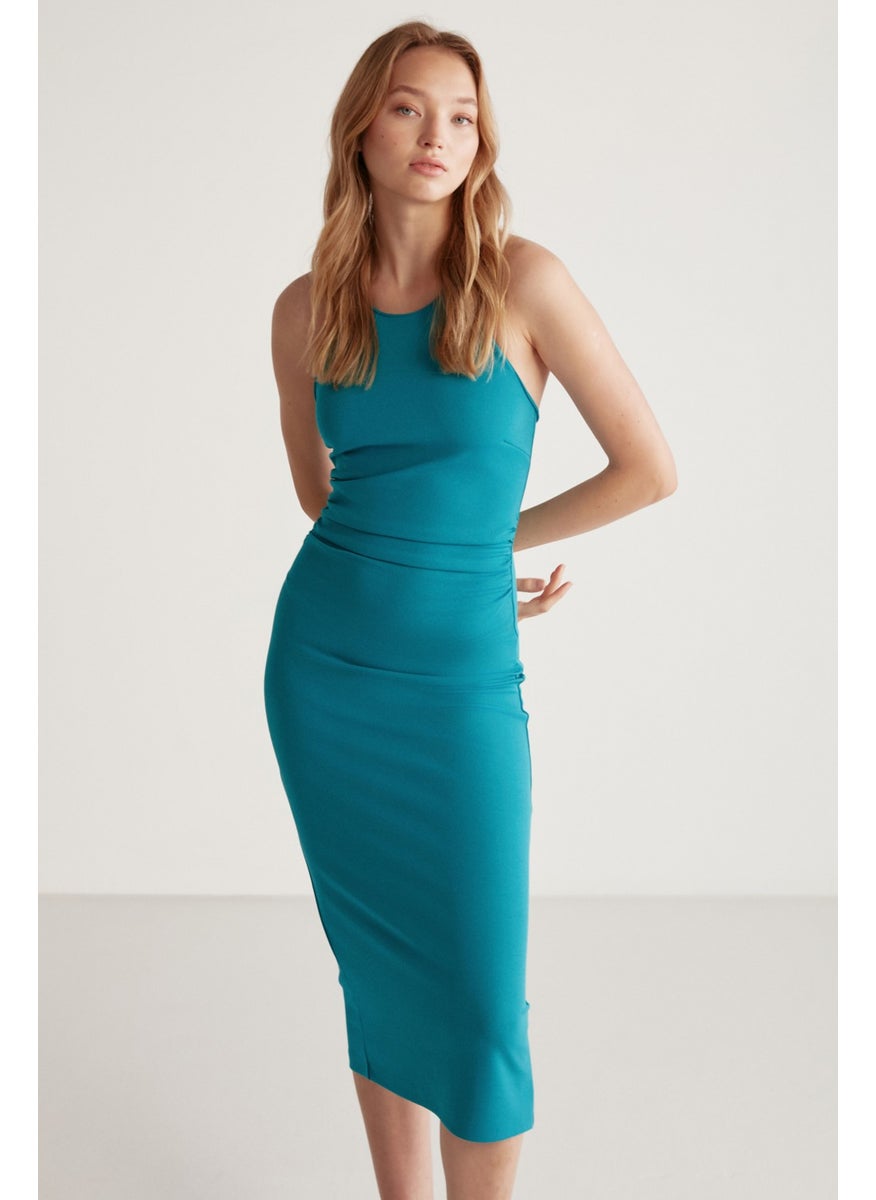 Andie Women's Halter Neck Bodycon Body-hugging Crepe Sleeveless Maxi Petrol Green Dress