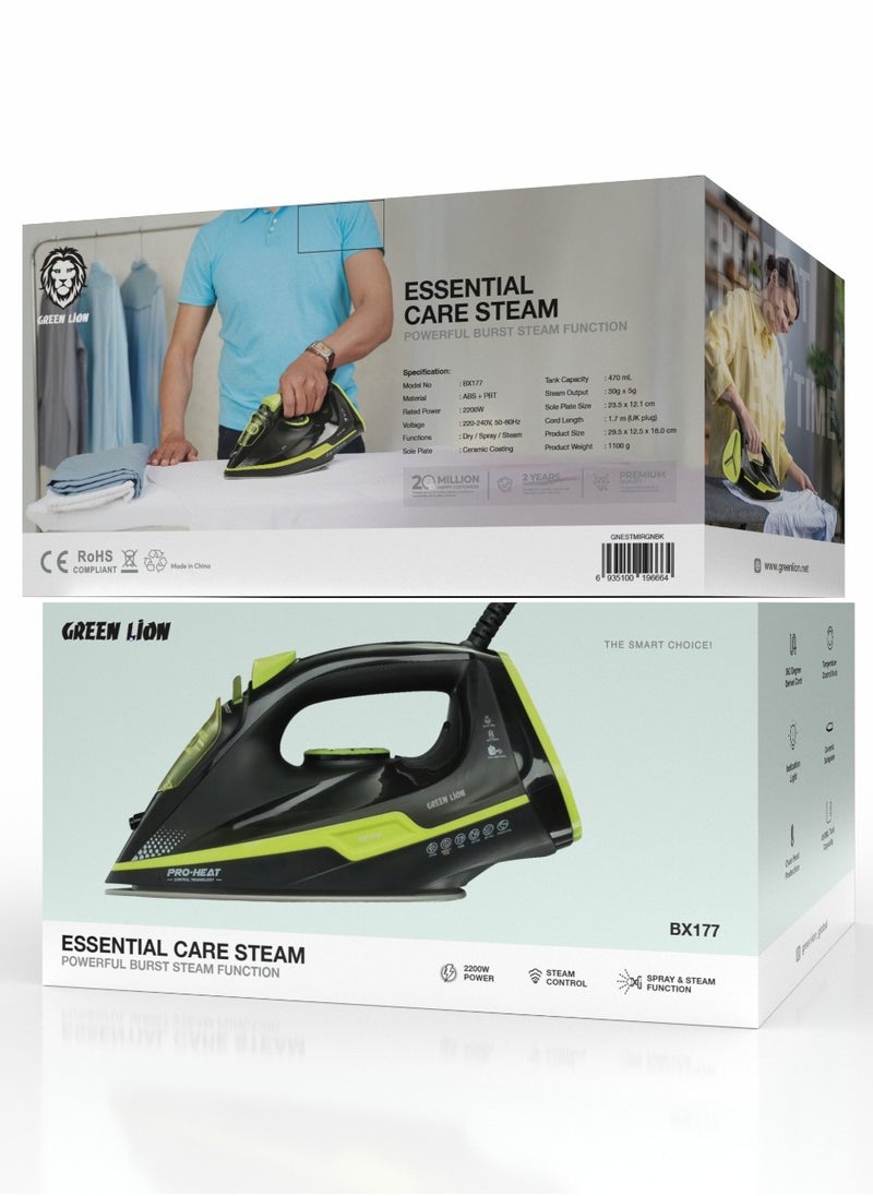 Essential Care Steam Iron 2200W with Powerful Burst Steam Function and 450mL Capacity / Overheat Protection / Spray & Steam Function / 360 Degree Swivel Cord / Temperature Control Knob / Auto-Off Function - Black & Green