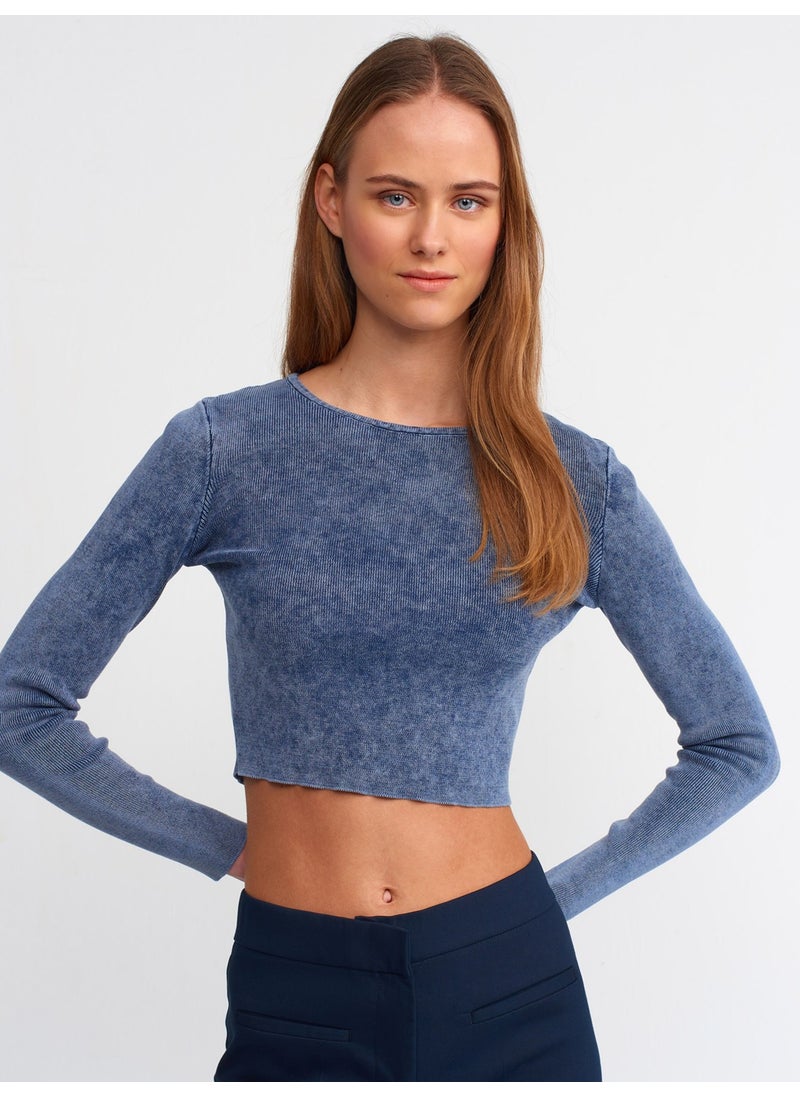 10510 Faded Effect Crew Neck Crop Sweater-Indigo