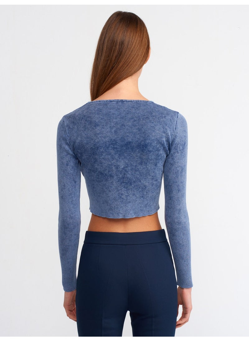 10510 Faded Effect Crew Neck Crop Sweater-Indigo