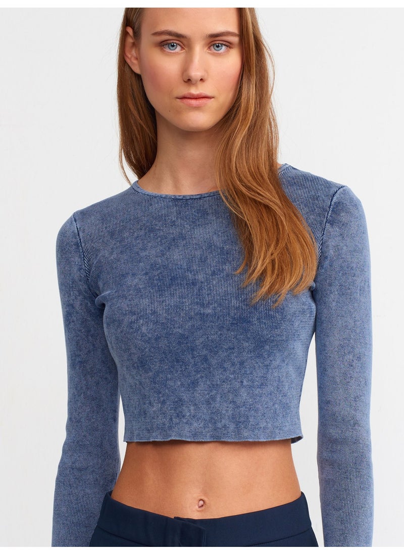 10510 Faded Effect Crew Neck Crop Sweater-Indigo