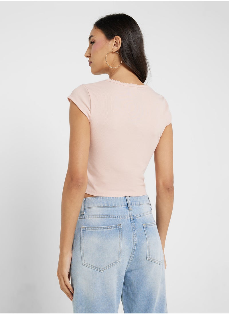 Lace Trim Ribbed Fitted T-Shirt