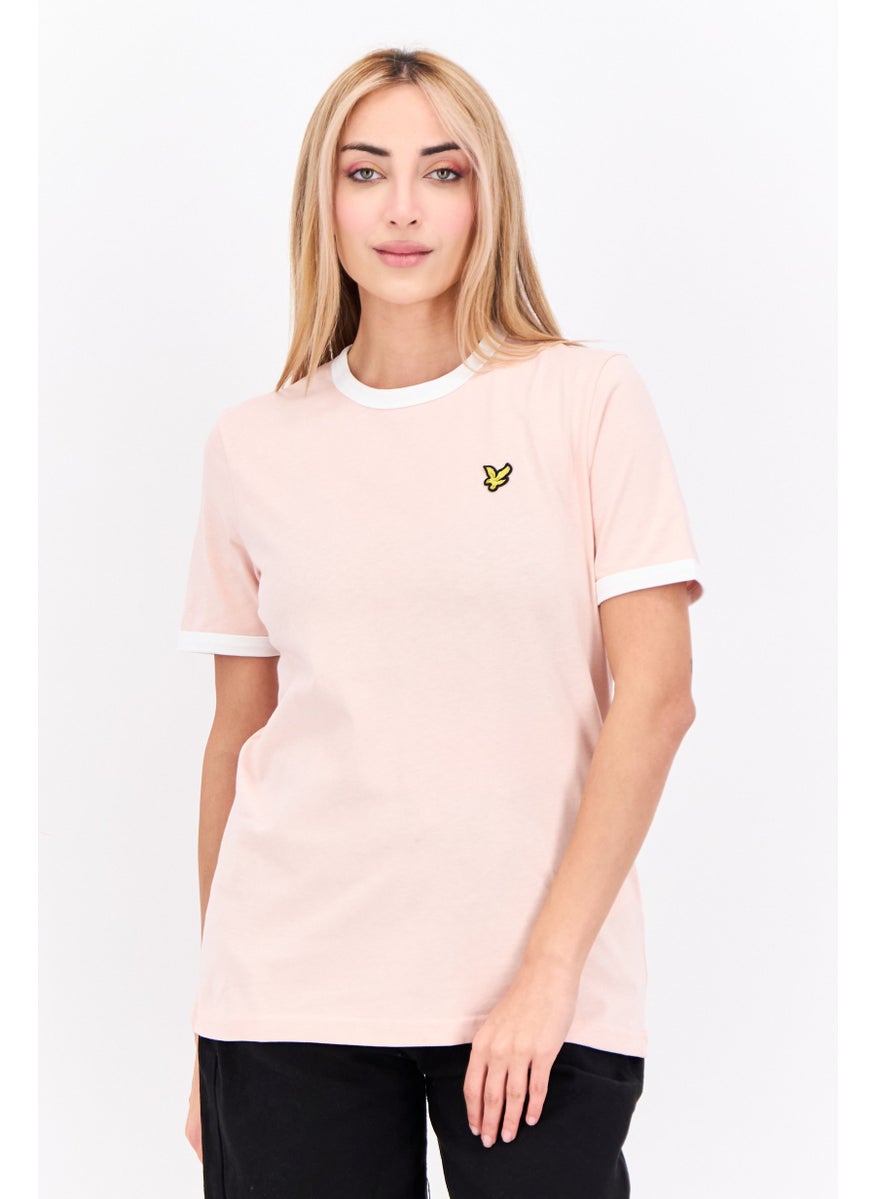 Women Crew Neck Short Sleeves Embroidered Logo T-Shirt, Pink