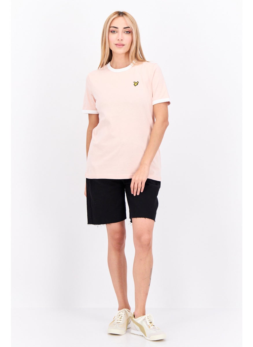 Women Crew Neck Short Sleeves Embroidered Logo T-Shirt, Pink