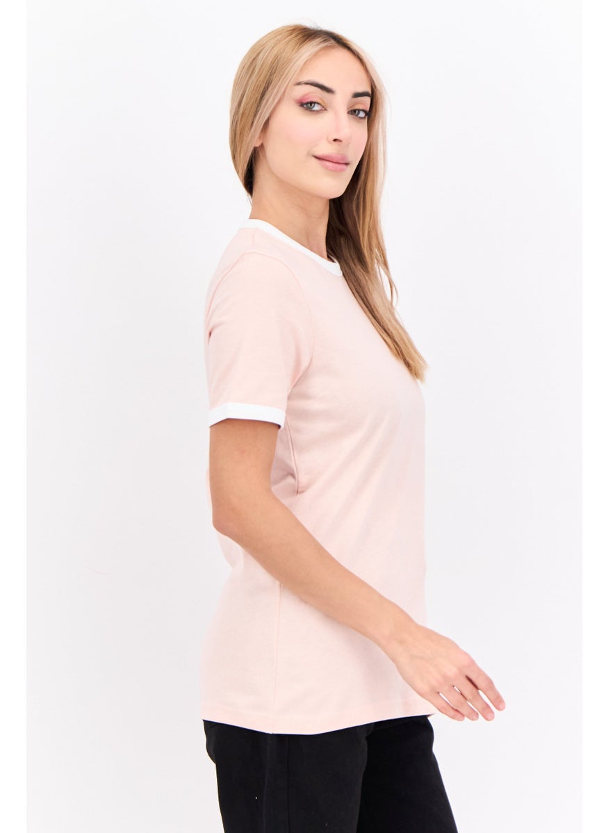 Women Crew Neck Short Sleeves Embroidered Logo T-Shirt, Pink