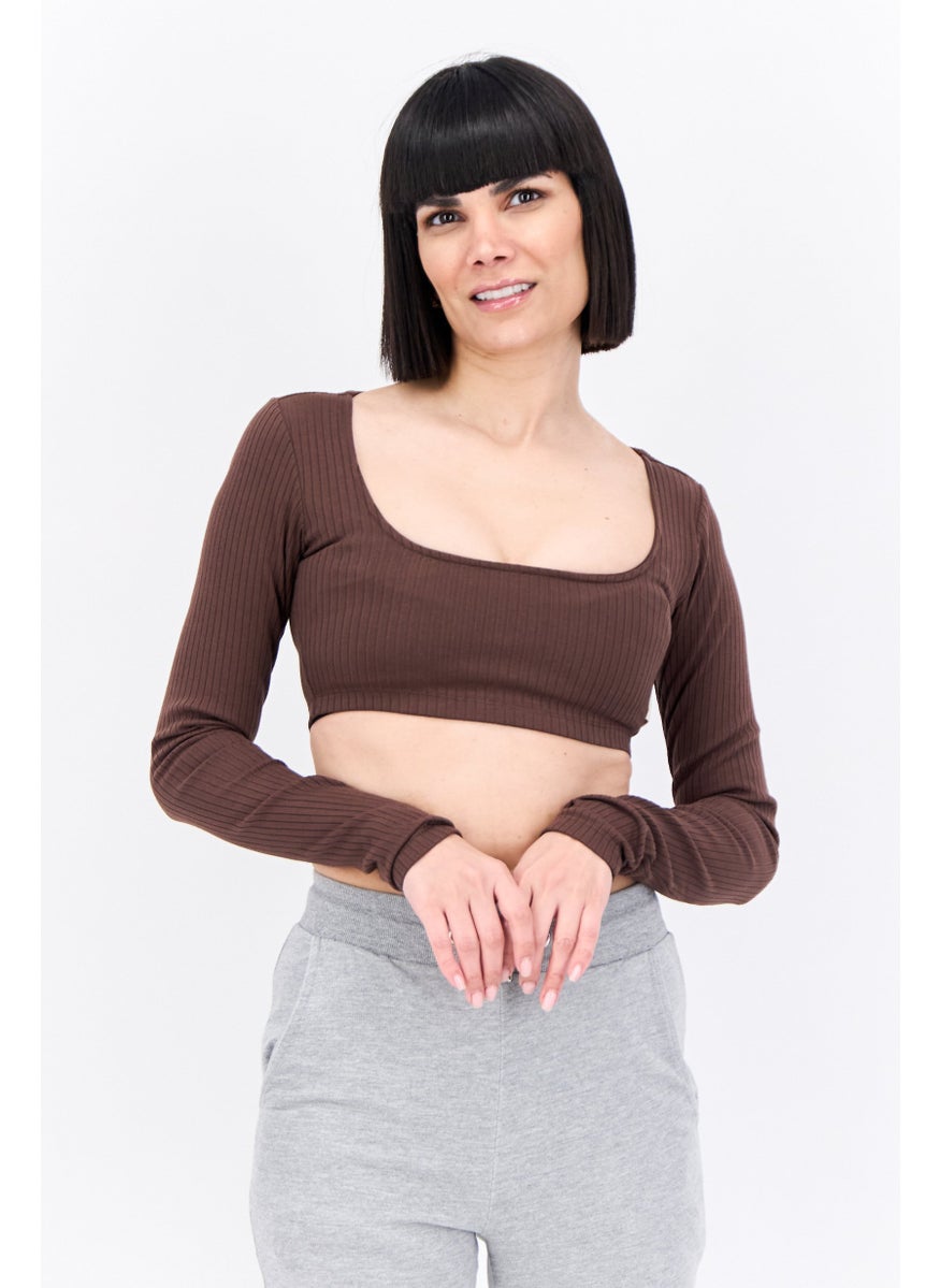 Women Sportswear Fit Long Sleeve Training Cropped Top, Choco Brown