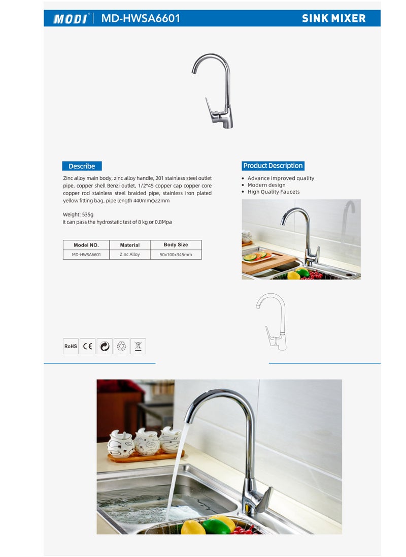 sink mixture Zinc alloy main body zinc alloy handle 201 stainless steel outlet pipe copper shell Benzi outlet