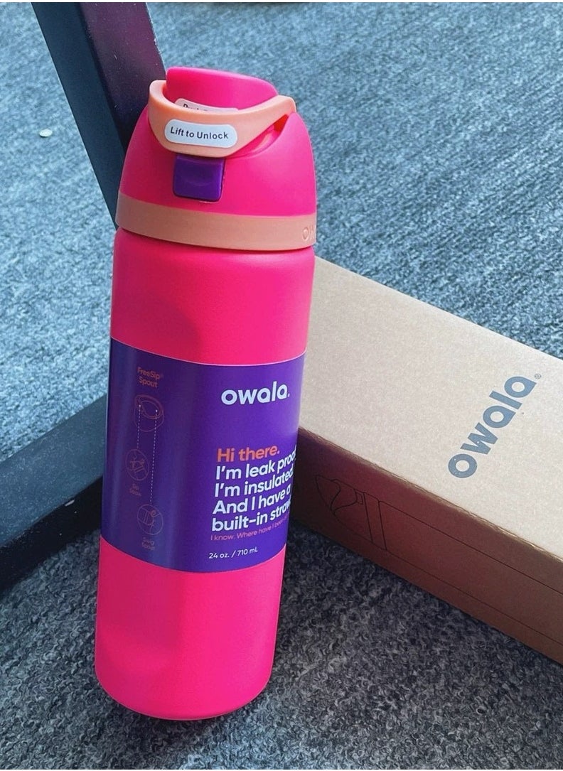 Owala FreeSip Insulated Stainless Steel Water Bottle with Straw for Sports and Travel, BPA-Free, 24-Ounce, Pink