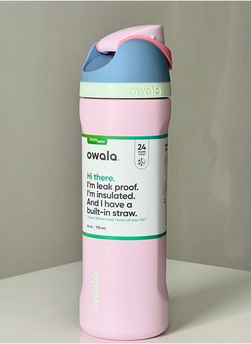 Owala FreeSip Insulated Stainless Steel Water Bottle with Straw for Sports and Travel, BPA-Free, 24-Ounce, Good egg Pink