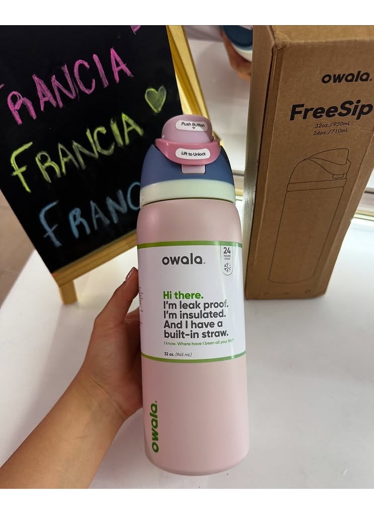 FreeSip Insulated Stainless Steel Water Bottle with Straw for Sports and Travel, BPA-Free, 32-Ounce, Good Egg pink
