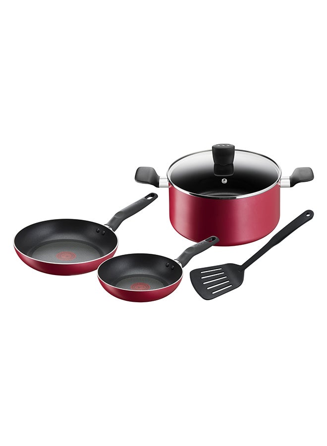 TEFAL Cookware Set of 5 Pieces | Super Cook | Frypans 20/24 cm / stewpot 24 cm+lid / slotted spatula | Non-Stick with Thermo Signal | Aluminium | Black | 2 Years Warranty | B460S584 Red 24cm