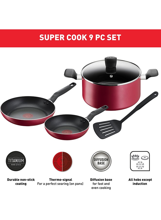 TEFAL Cookware Set of 5 Pieces | Super Cook | Frypans 20/24 cm / stewpot 24 cm+lid / slotted spatula | Non-Stick with Thermo Signal | Aluminium | Black | 2 Years Warranty | B460S584 Red 24cm