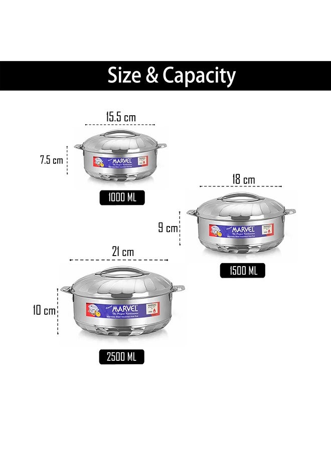 Marvel Stainless Steel Insulated Hot Pot Set – 3-Piece Set with Locking Lid – Easy to Open, Keeps Food Hot & Cold – Double-Wall Construction,Durable & Food Safe – Sizes: 1000 ml, 1500 ml, 2500 ml