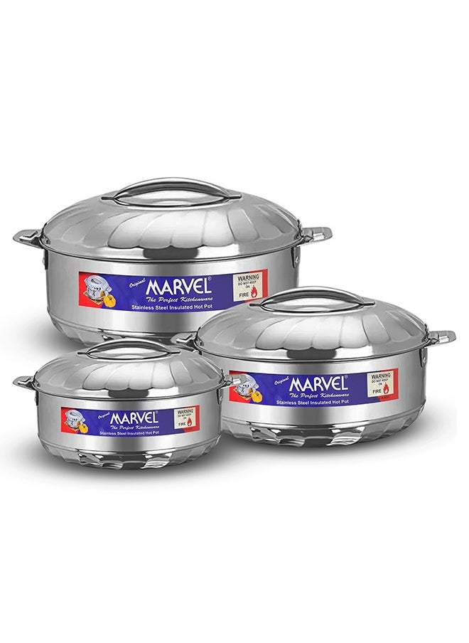 Marvel Stainless Steel Insulated Hot Pot Set – 3-Piece Set with Locking Lid – Easy to Open, Keeps Food Hot & Cold – Double-Wall Construction,Durable & Food Safe – Sizes: 1000 ml, 1500 ml, 2500 ml