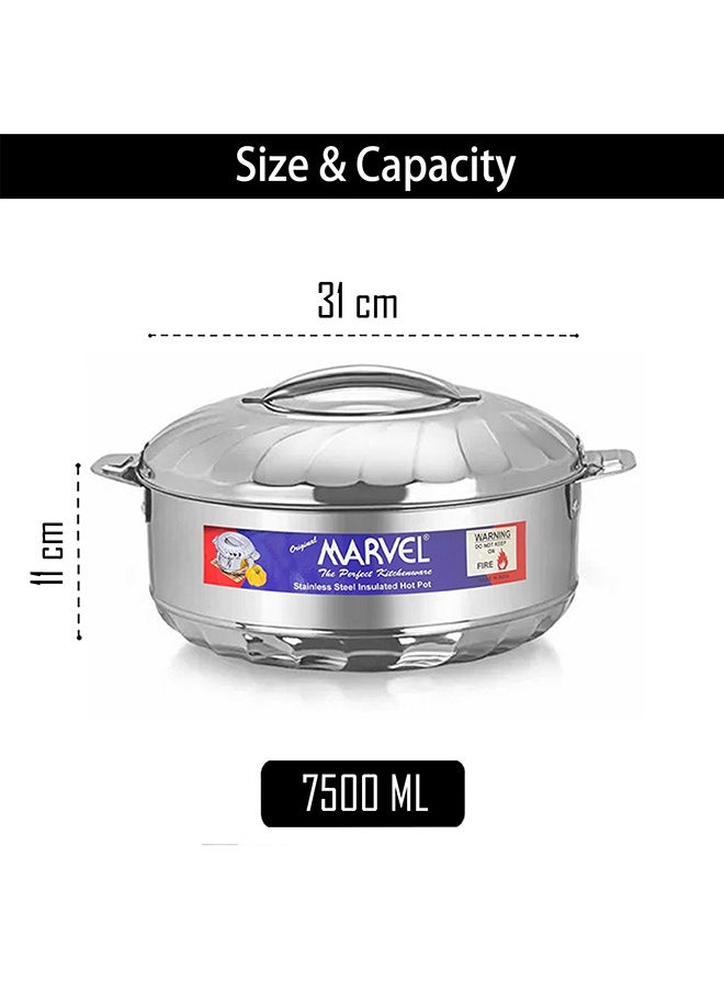 Marvel Stainless Steel Insulated Hot Pot – 7500ml, Food Safe, Easy to Open, Dual-Wall Insulation, Keeps Food Hot & Cold, Elegant Mirror Finish, Durable & Secure Locking System (7500ml)