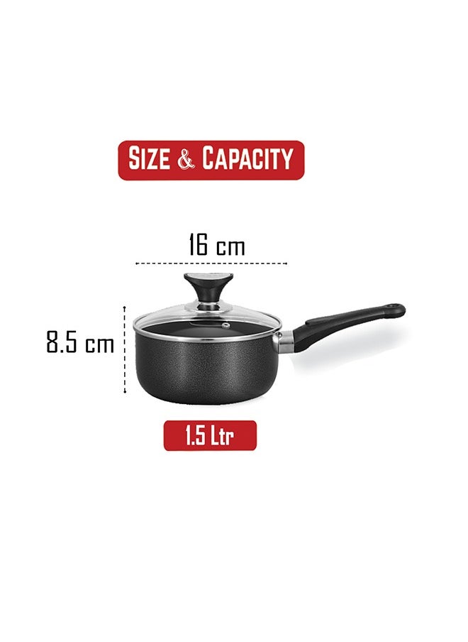 SONEX Non-Stick Royal Saucepan – 16 cm (1.5 Ltr) – Premium Aluminum, Tempered Glass Lid, Heat-Resistant Bakelite Handle & Knob, Hard Enamel Exterior, Durable & Dishwasher Safe