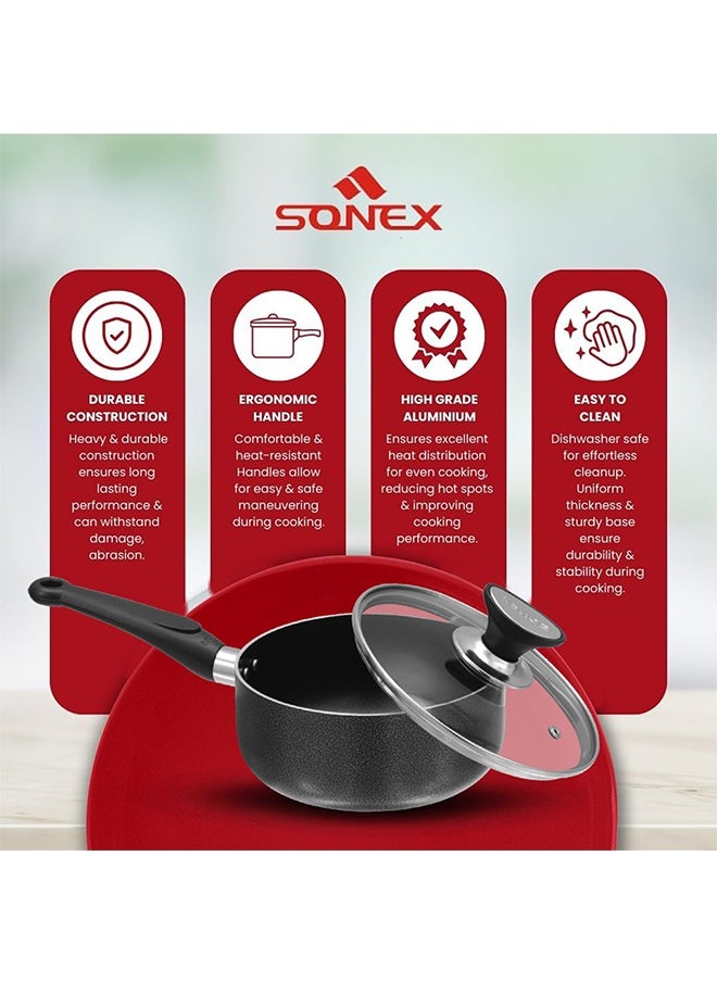 SONEX Non-Stick Royal Saucepan – 16 cm (1.5 Ltr) – Premium Aluminum, Tempered Glass Lid, Heat-Resistant Bakelite Handle & Knob, Hard Enamel Exterior, Durable & Dishwasher Safe