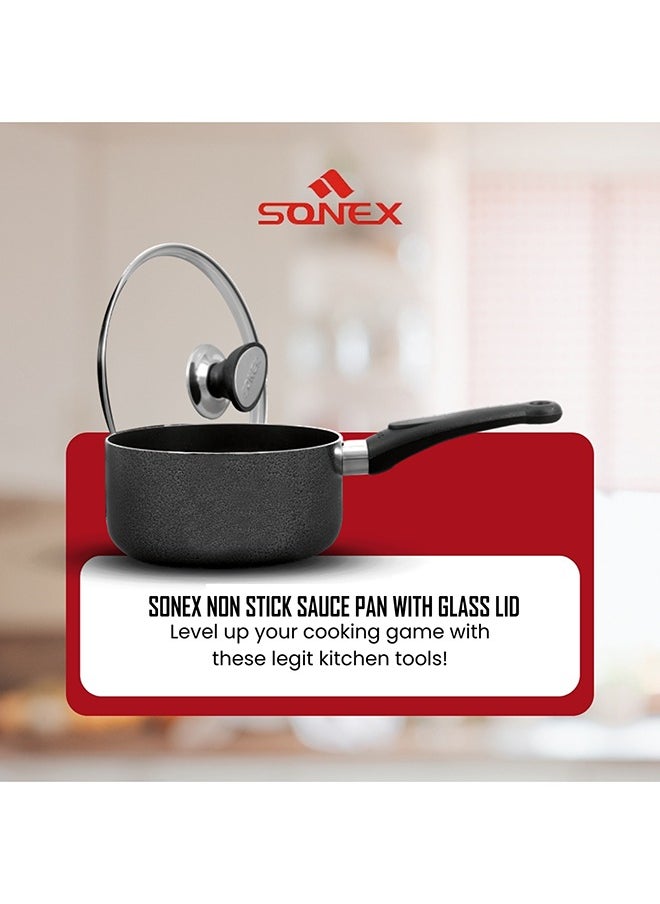 SONEX Non-Stick Royal Saucepan – 16 cm (1.5 Ltr) – Premium Aluminum, Tempered Glass Lid, Heat-Resistant Bakelite Handle & Knob, Hard Enamel Exterior, Durable & Dishwasher Safe