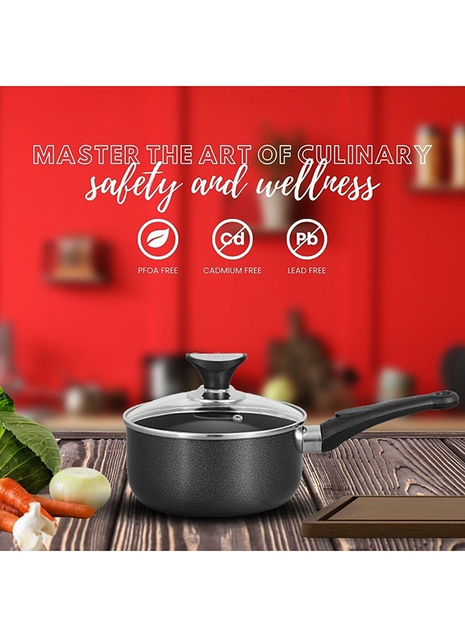 SONEX Non-Stick Royal Saucepan – 16 cm (1.5 Ltr) – Premium Aluminum, Tempered Glass Lid, Heat-Resistant Bakelite Handle & Knob, Hard Enamel Exterior, Durable & Dishwasher Safe