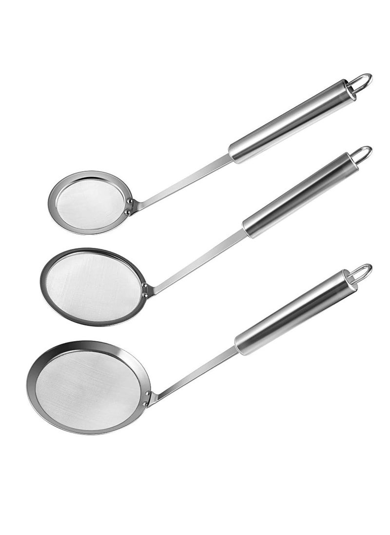 3-Pack Stainless Steel Skimmer Spoons - Fine Mesh Oil & Foam Strainers (Length 9.5”, Diameter 3” 4” 4.5”)