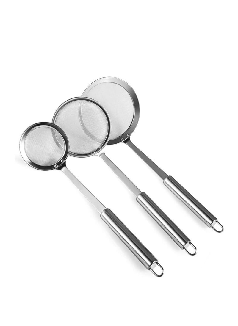 3-Pack Stainless Steel Skimmer Spoons - Fine Mesh Oil & Foam Strainers (Length 9.5”, Diameter 3” 4” 4.5”)