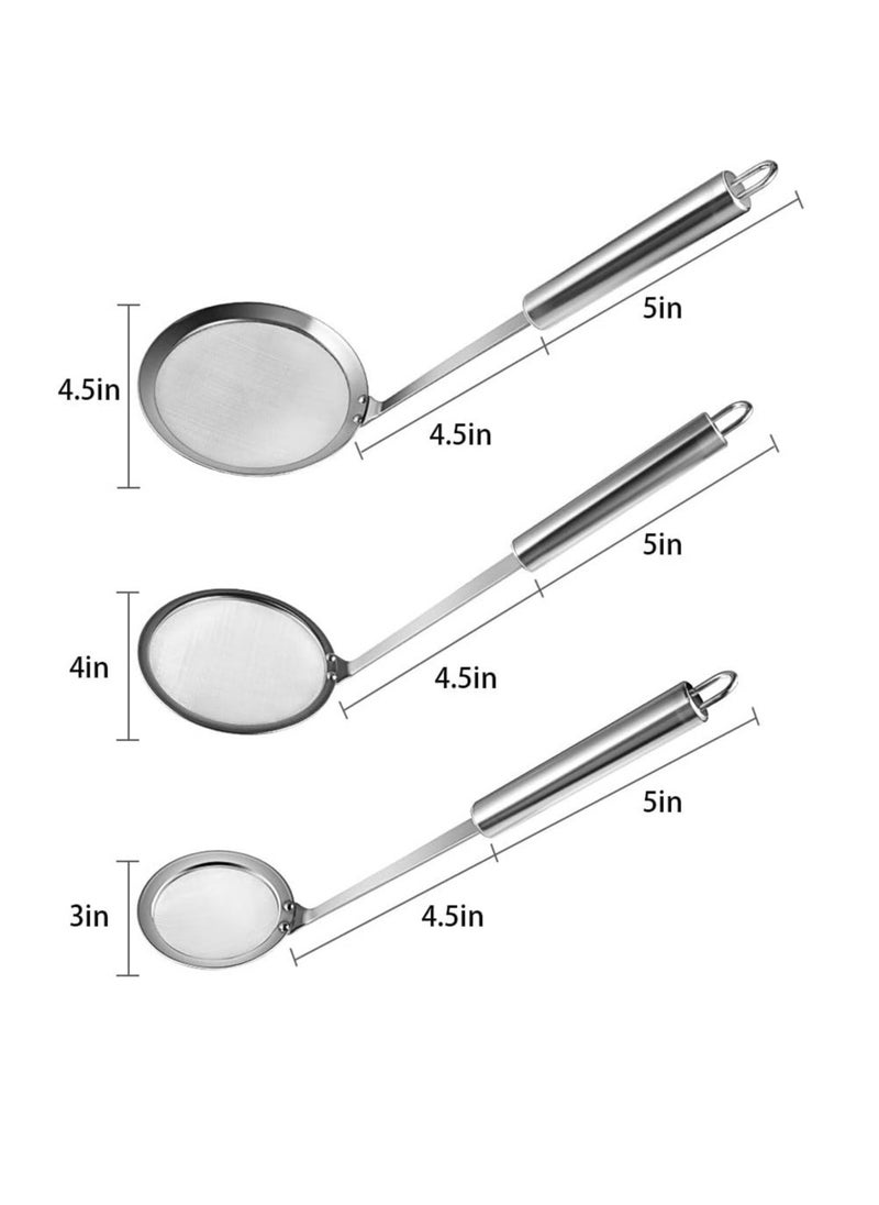 3-Pack Stainless Steel Skimmer Spoons - Fine Mesh Oil & Foam Strainers (Length 9.5”, Diameter 3” 4” 4.5”)