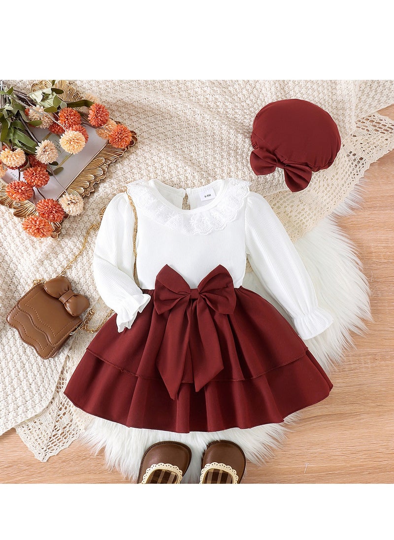 Baby Girl Princess Dress with Bow and Lace Collar, Maroon Skirt, Hat Set for 12-18 Months, Perfect for Special Occasions