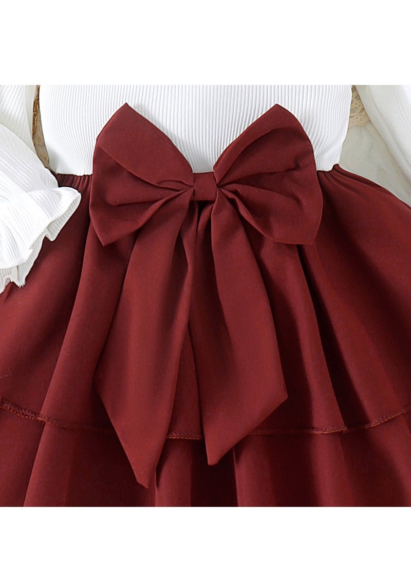 Baby Girl Princess Dress with Bow and Lace Collar, Maroon Skirt, Hat Set for 12-18 Months, Perfect for Special Occasions