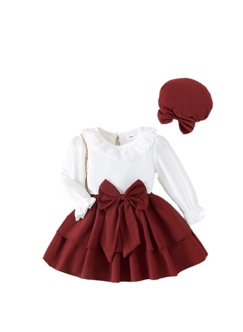 Baby Girl Princess Dress with Bow and Lace Collar, Maroon Skirt, Hat Set for 12-18 Months, Perfect for Special Occasions